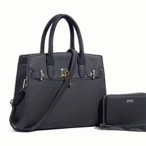 Elegant Black Leather Handbag and Wallet Set